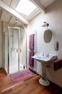 安特卫普Carriage House in quiet ecological garden的带淋浴和盥洗盆的浴室