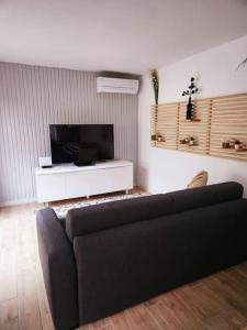 MontbazinPetite villa en bois avec piscine的带沙发和平面电视的客厅