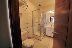 伊斯坦布尔Derpa Hotel的带淋浴、卫生间和盥洗盆的浴室