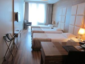 伊斯坦布尔Derpa Hotel的酒店客房设有四张床和电视。