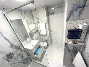 巴黎Studio Trip In Paris - Gare de l'Est的带淋浴、盥洗盆和卫生间的浴室