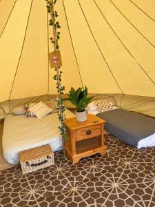 BransgoreHawthorne Field - Shoreline Escapes的帐篷内的两张床,配有桌子和植物