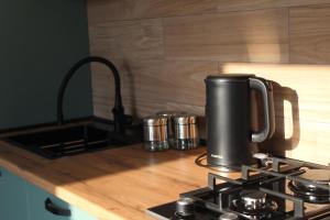 卡兹贝吉Cottage Milo Kazbegi的厨房柜台配有带黑咖啡壶的炉灶