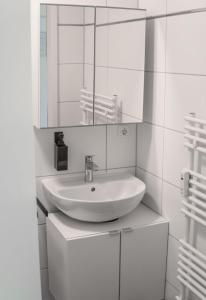 巴特塞格贝格Studio Apartment am Kurpark的白色的浴室设有水槽和镜子