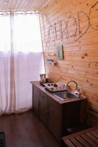 MirnaZoo park Ranč Aladin - Glamping apartment的一个带水槽和木墙的厨房