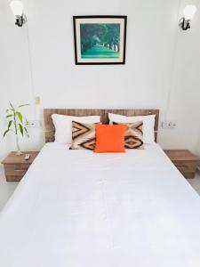 勒莫尔尼Lavender的卧室配有白色床和橙色枕头