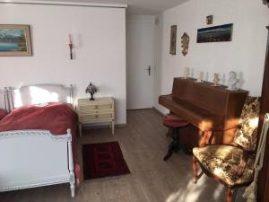 BrüggDouble room in nice house near the forest (basement floor)的一间卧室配有钢琴、一张床和一把椅子