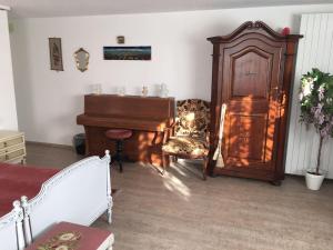 BrüggDouble room in nice house near the forest (basement floor)的客厅配有钢琴和椅子