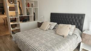 布宜诺斯艾利斯Fabuloso departamento con todo y cerca de todo的一间卧室配有一张带黑色床头板和枕头的床。