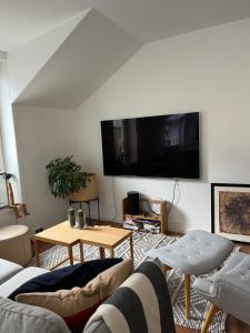 海宁Skøn centralt beliggende lejlighed m.tagterrasse的带沙发和平面电视的客厅