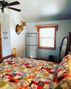 尤里卡斯普林斯3 Bedroom log cabin with hot tub at Bear Mountain的卧室配有一张带鹿头的墙壁床。