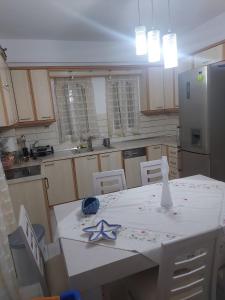 帕拉塔蒙platamon 3 platania的厨房配有白色的桌子和冰箱。