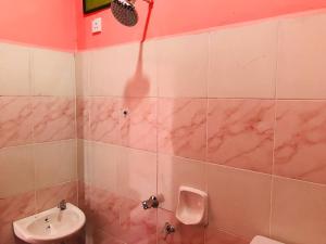 Kampong Balai MarasChalet Sri Bayu的粉红色的浴室设有水槽和小便室