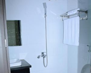 荣市Vinh Airport Hotel的带淋浴的浴室和玻璃门