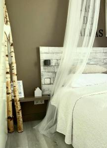 阿尔克马尔Casa De Palmas - Tiny house的一间卧室配有一张带蚊帐的床