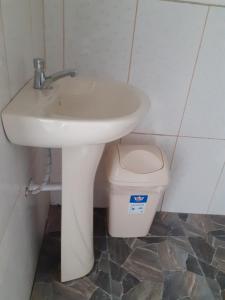 瓦拉斯casa montañista lodge & camping的浴室设有白色水槽和垃圾桶