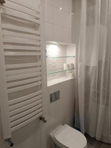 波拉伊Parkowe Ranczo的白色的浴室设有卫生间和淋浴。