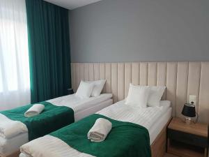 卢布林地区亚努夫Apartamenty Centrum的绿白色客房内的两张床
