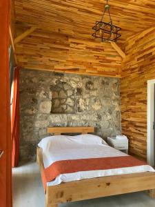 YakaEce Hanı Bungalow Hotel的卧室配有一张石墙床