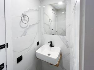 马德里Multi Hostel Lavapies的白色的浴室设有水槽和镜子