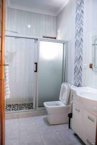 蓬塔杜欧鲁Ponta d’ ouro lia’s house的带淋浴、卫生间和盥洗盆的浴室