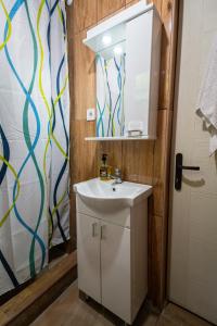 莫伊科瓦茨Country Villa MMMM的一间带水槽、镜子和门的浴室