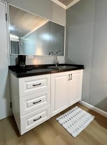 CareneroSuites Bocas del Toro的厨房配有白色橱柜和水槽