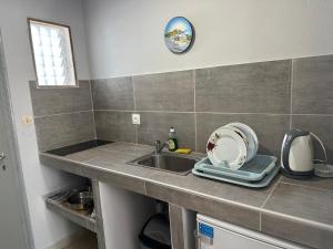卡沃斯FULL HOUSE KAVOS的厨房柜台设有水槽和盘子