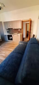 韦扎诺利古雷IN PANDORA'S BOX 5 LANDS的客厅设有大蓝色沙发,厨房设有