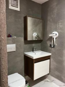 伊斯坦布尔Olen Uskudar Hotel的一间带水槽、卫生间和镜子的浴室