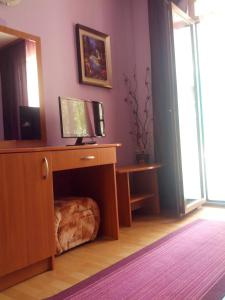 帕莫瑞Guest rooms Sveti Nikola的客房设有一张桌子、一台电视和一张狗床。