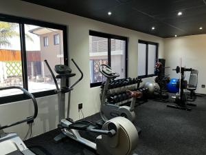 布里茨Riverleaf Hotel的健身房设有两台跑步机和两台机器