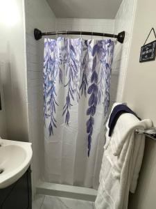 马丁斯堡Spacious 3 Bedroom Home in Martinsburg WV.的浴室配有淋浴帘和盥洗盆。