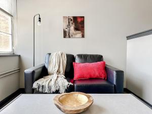 斯普林菲尔德Sleepover Luxe Downtown Springfield Apartments的客厅配有黑色真皮沙发和红色枕头。