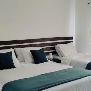 戈亚斯州上帕莱索Casa central aconchegante的一间卧室配有两张带绿色和白色枕头的床