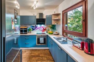 德累斯顿Ferienhaus Elbharmonie的蓝色的厨房,配有水槽和窗户