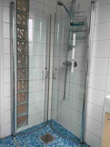 HolenKoselig garasjeloft!的带淋浴的浴室和玻璃门
