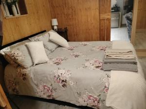 韦斯特波特Self Catering apartment Achill Island Pets Allowed的一张带花卉的灰色毯子的床
