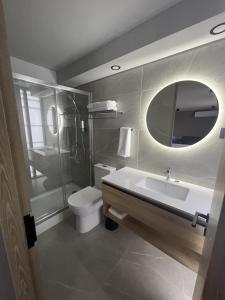 圣地亚哥One Manquehue Aparthotel的一间带水槽、卫生间和镜子的浴室