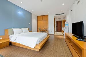 河内22HOUSING 48 Phan Kế Bính的一间卧室配有一张大床和一台平面电视