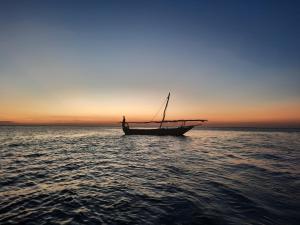 基济姆卡济乐土旅馆的日落时分坐在海洋中的船只