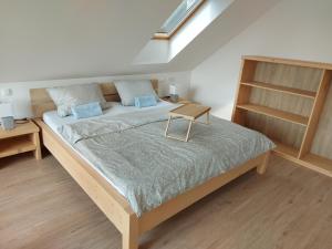 拉多夫吉卡Apartma Markelj的一间卧室设有一张大床和书架