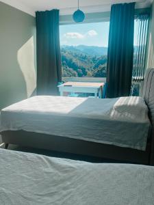 吉雷松Hobbitköy giresun的一间卧室设有一张床和一个美景窗户。