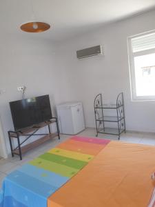 安塔利亚Beldibi Apart Homes的客厅配有色彩缤纷的地毯和电视