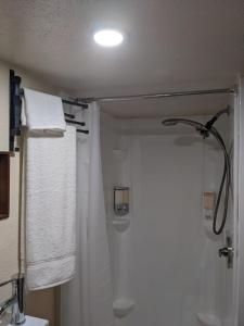 Papa Bay EstatesCountry Cottage in Papa Bay的带淋浴和白色毛巾的浴室