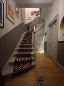 爱丁堡Large 3 double bedroom period house with parking的一条带一束葡萄酒瓶的楼梯