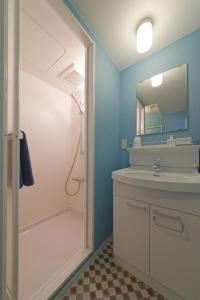 川口市袋鼠之家酒店的带淋浴、盥洗盆和镜子的浴室
