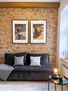 瓦乌布日赫Apartament Gwarek的一张沙发上方有三张照片的砖墙