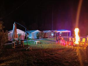 洪达尔The Mountain Camp - Nubra的一群晚上有火的帐篷