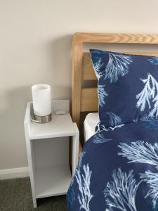 特威克纳姆Large 2-bedroom maisonette with free parking的一张带蓝色和白色枕头的床和床头柜